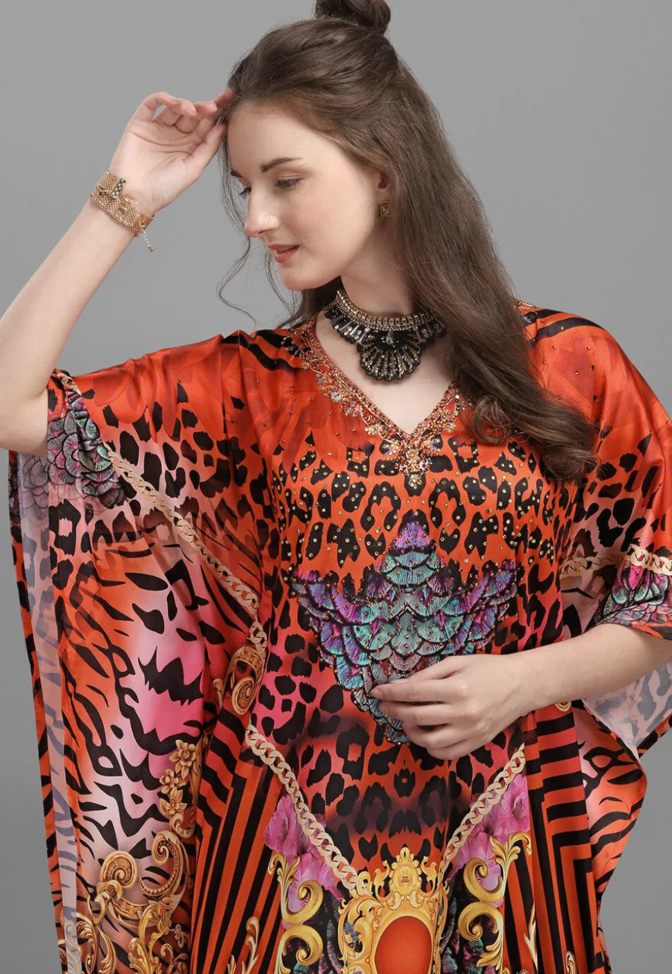 Digital Printed Satin Kaftan in Red