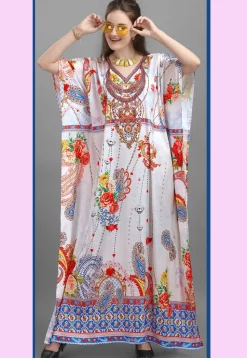 Digital Printed Satin Kaftan in Off White