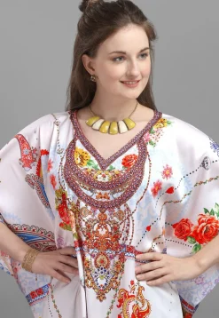 Digital Printed Satin Kaftan in Off White