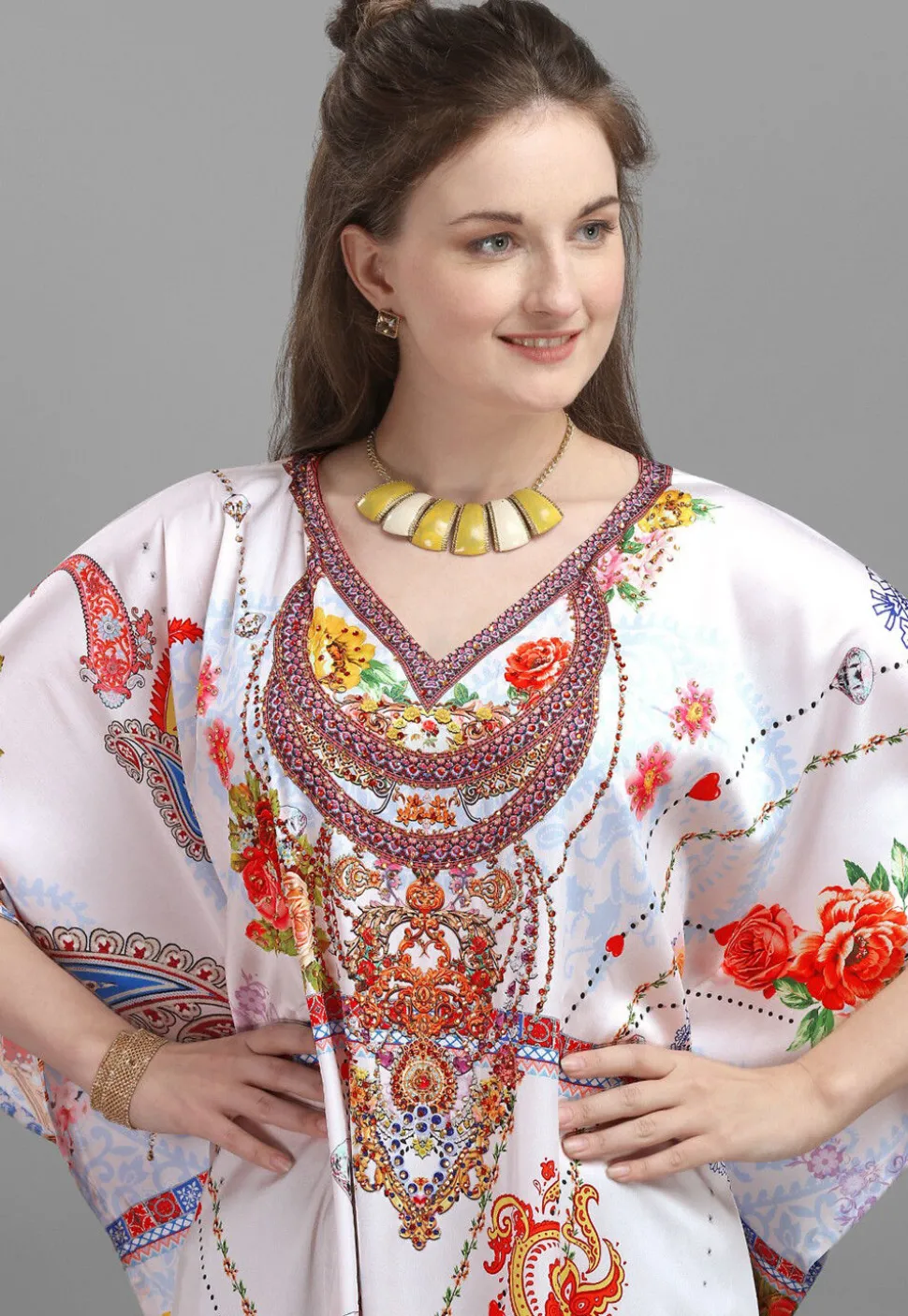Digital Printed Satin Kaftan in Off White
