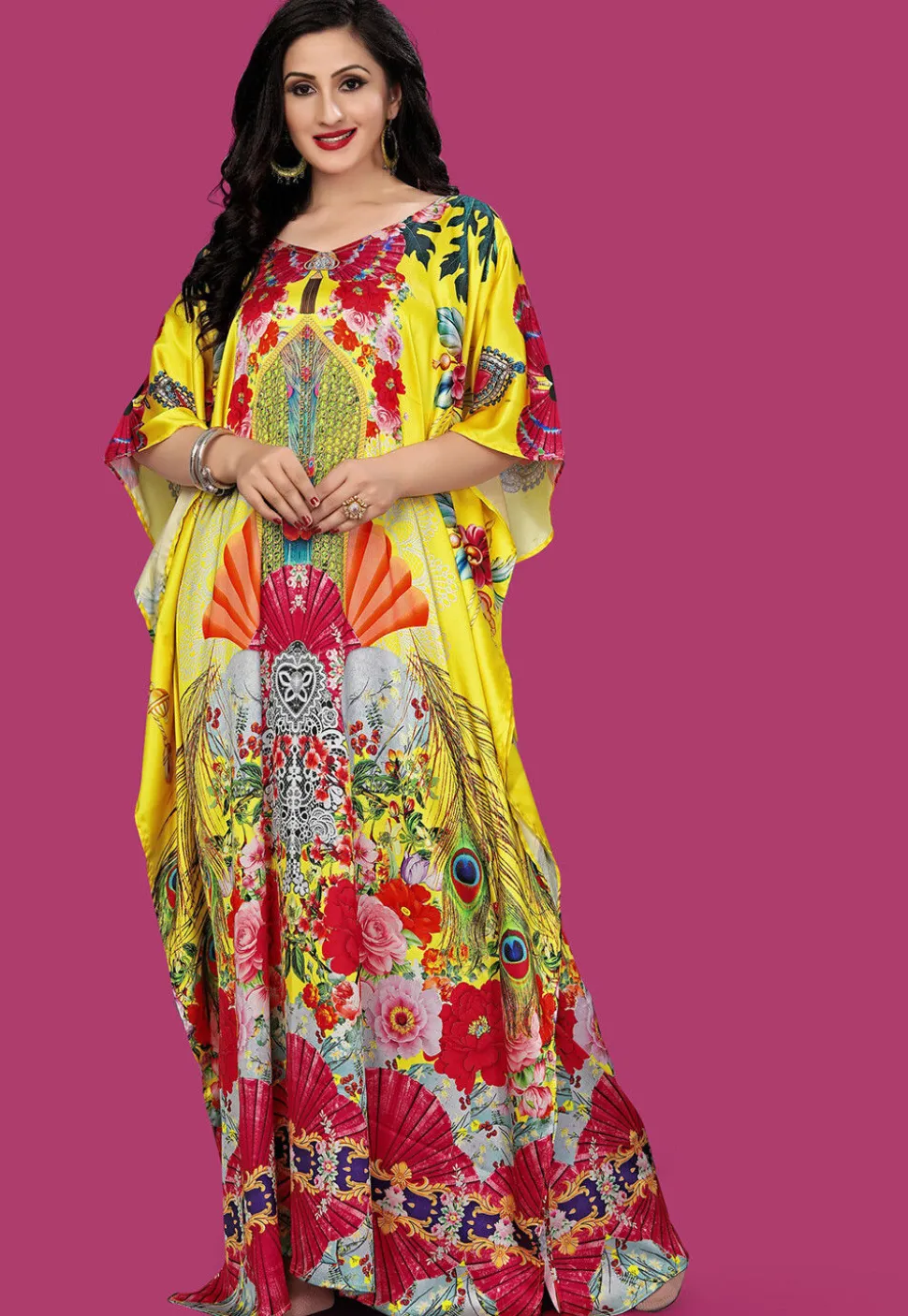 Digital Printed Satin Kaftan in Yellow