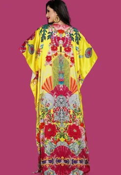 Digital Printed Satin Kaftan in Yellow