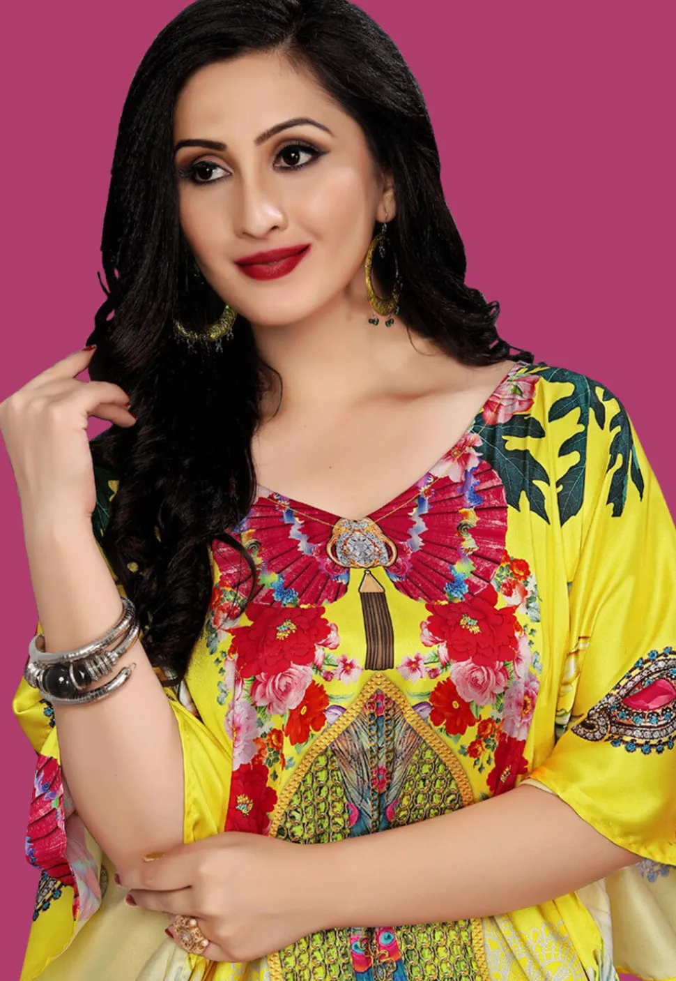Digital Printed Satin Kaftan in Yellow