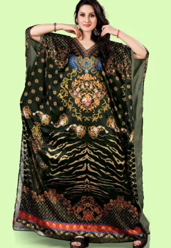 Digital Printed Satin Kaftan in Black