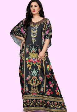 Digital Printed Satin Kaftan in Black