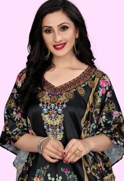 Digital Printed Satin Kaftan in Black
