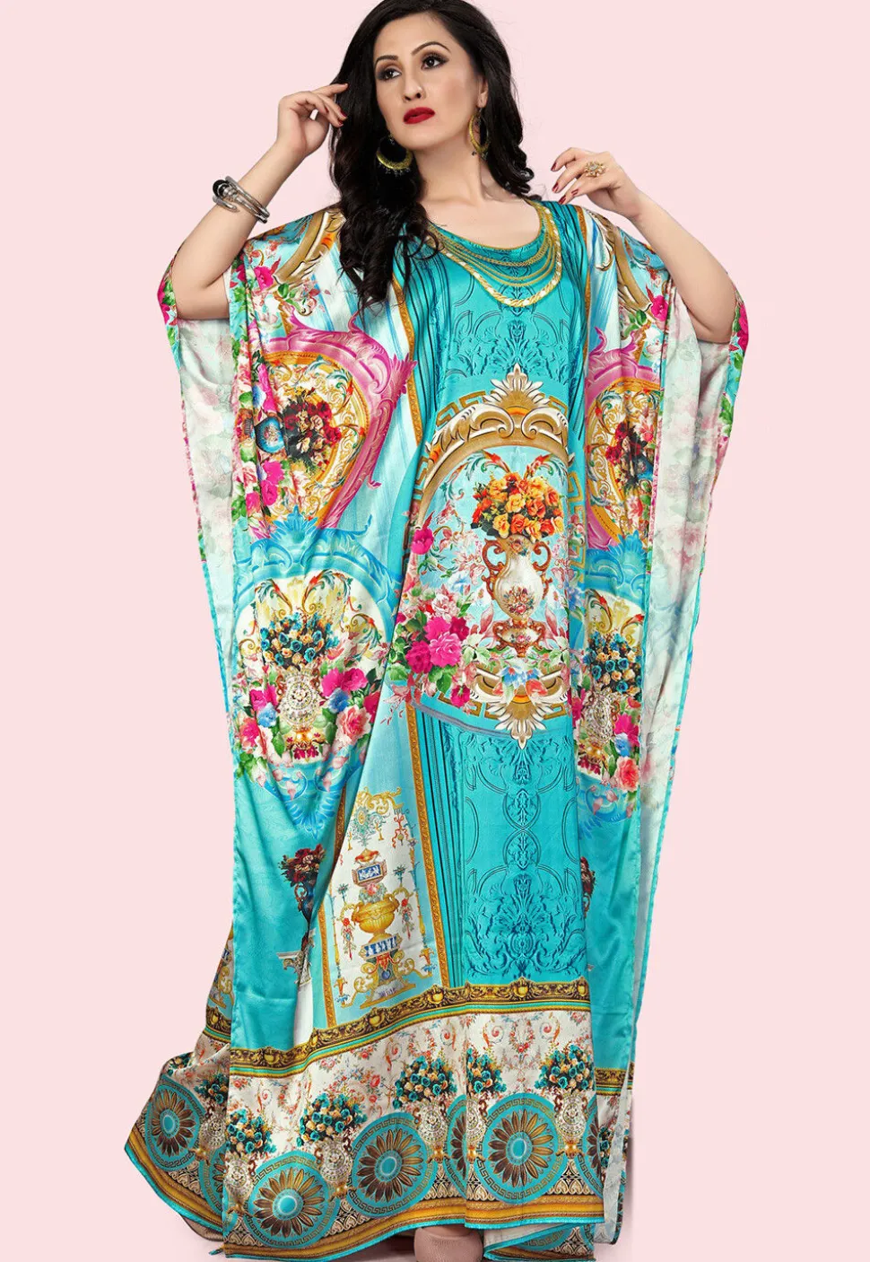Digital Printed Satin Kaftan in Turquoise