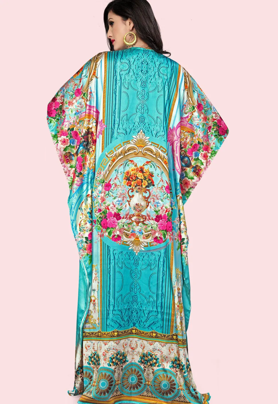 Digital Printed Satin Kaftan in Turquoise