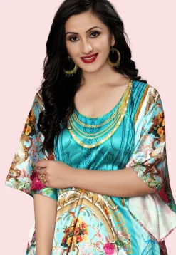 Digital Printed Satin Kaftan in Turquoise