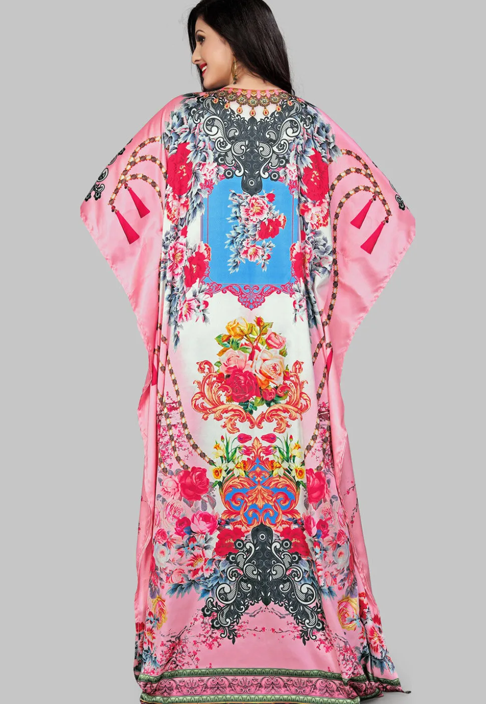 Digital Printed Satin Kaftan in Pink