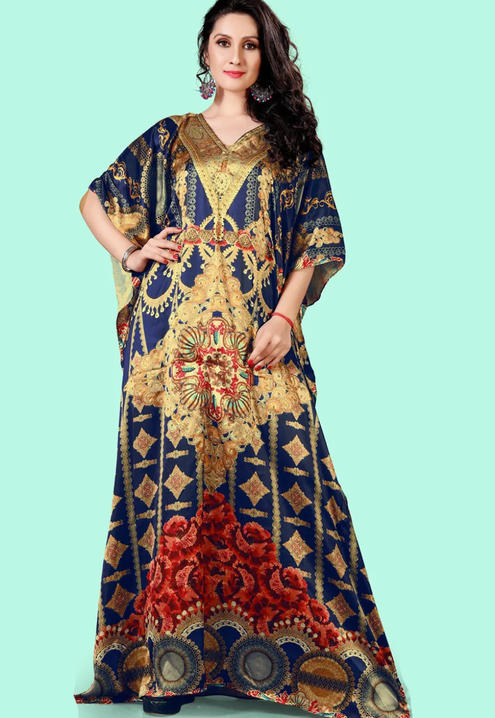 Digital Printed Satin Kaftan in Navy Blue