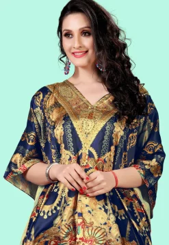 Digital Printed Satin Kaftan in Navy Blue