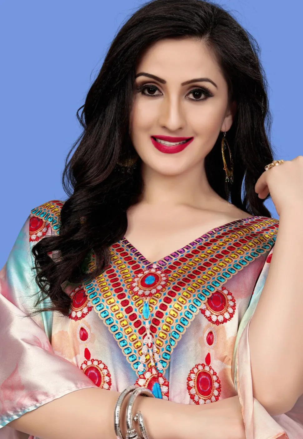Digital Printed Satin Kaftan in Multicolor