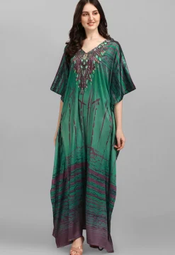 Digital Printed Satin Kaftan in Green