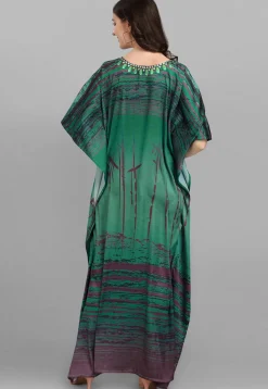 Digital Printed Satin Kaftan in Green