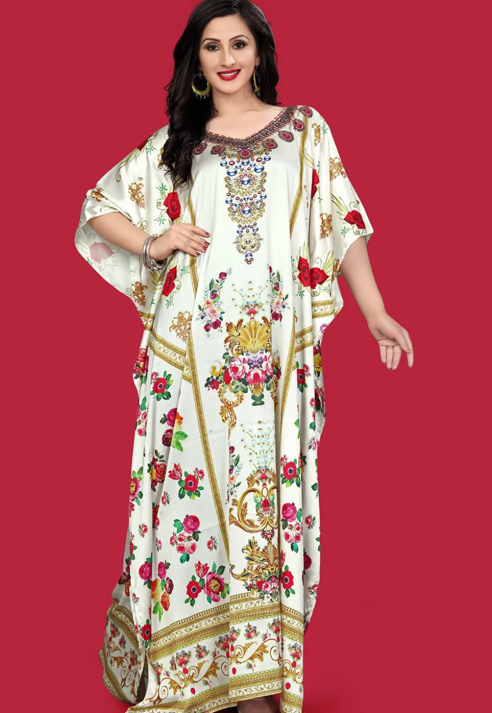 Digital Printed Satin Kaftan in Off White