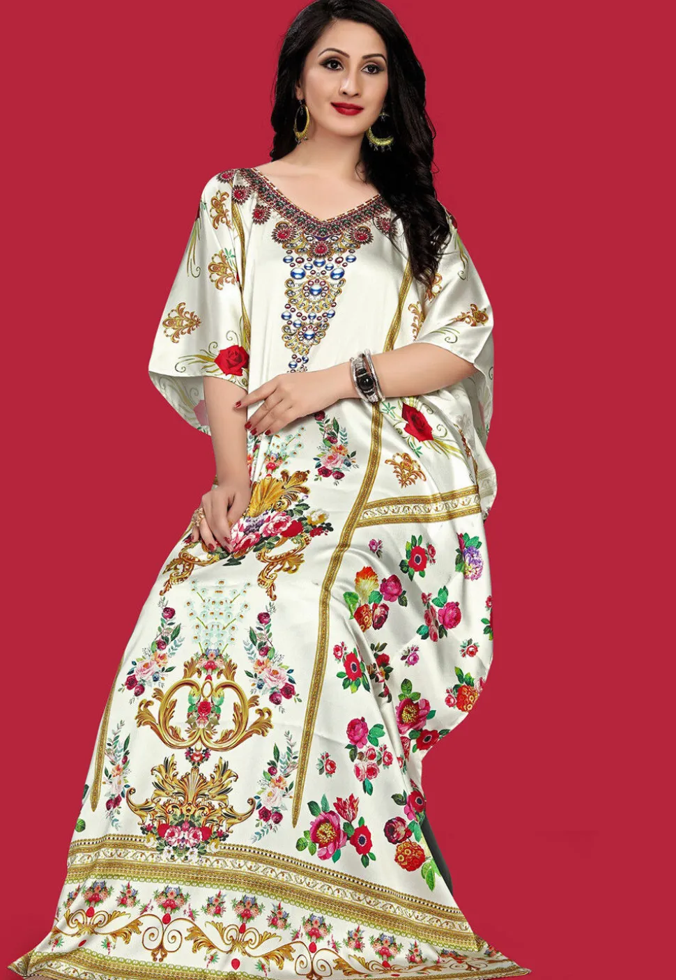 Digital Printed Satin Kaftan in Off White