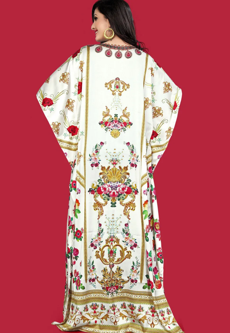 Digital Printed Satin Kaftan in Off White