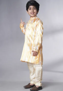 Digital Printed Satin Kurta Set in Cream and Yellow