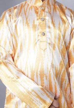 Digital Printed Satin Kurta Set in Cream and Yellow