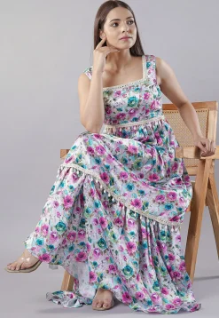 Digital Printed Satin Layered Gown in White and Multicolor