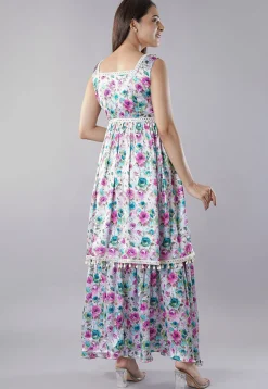 Digital Printed Satin Layered Gown in White and Multicolor