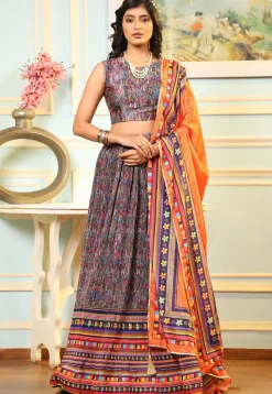 Digital Printed Satin Lehenga in Multicolor