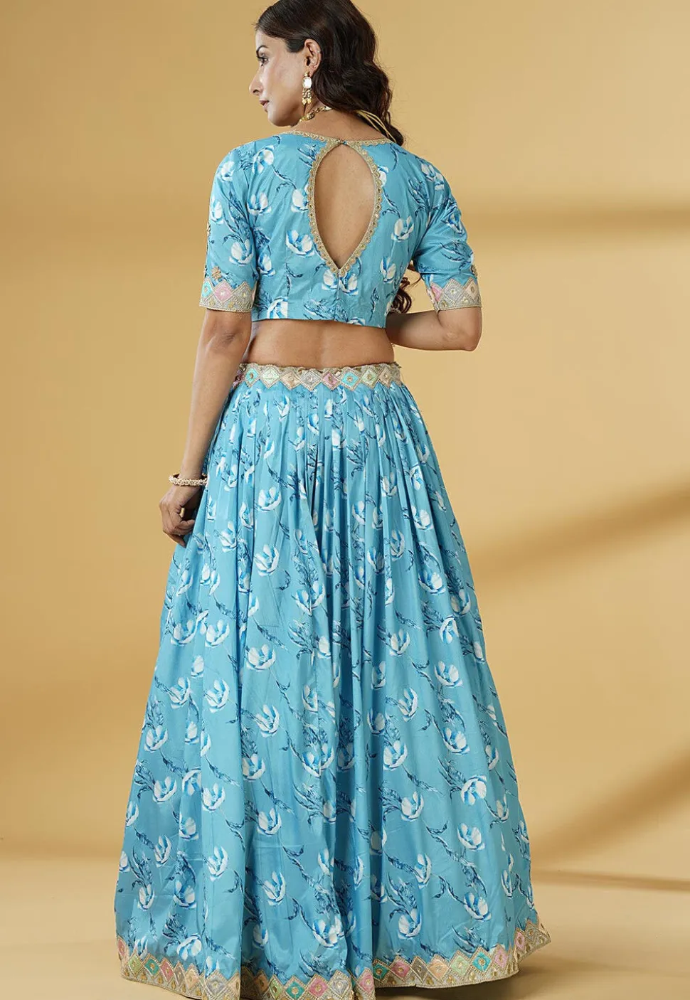 Digital Printed Satin Lehenga in Sky Blue
