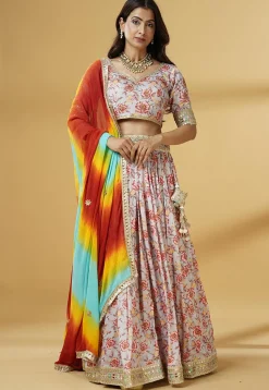 Digital Printed Satin Lehenga in Grey