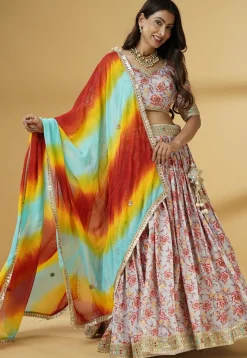 Digital Printed Satin Lehenga in Grey
