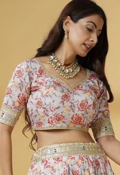 Digital Printed Satin Lehenga in Grey