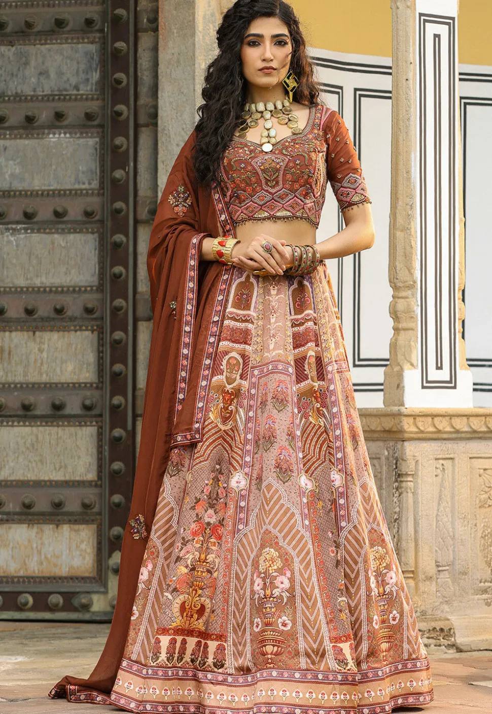 Digital Printed Satin Lehenga in Peach