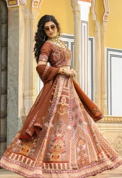 Digital Printed Satin Lehenga in Peach