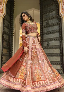 Digital Printed Satin Lehenga in Peach