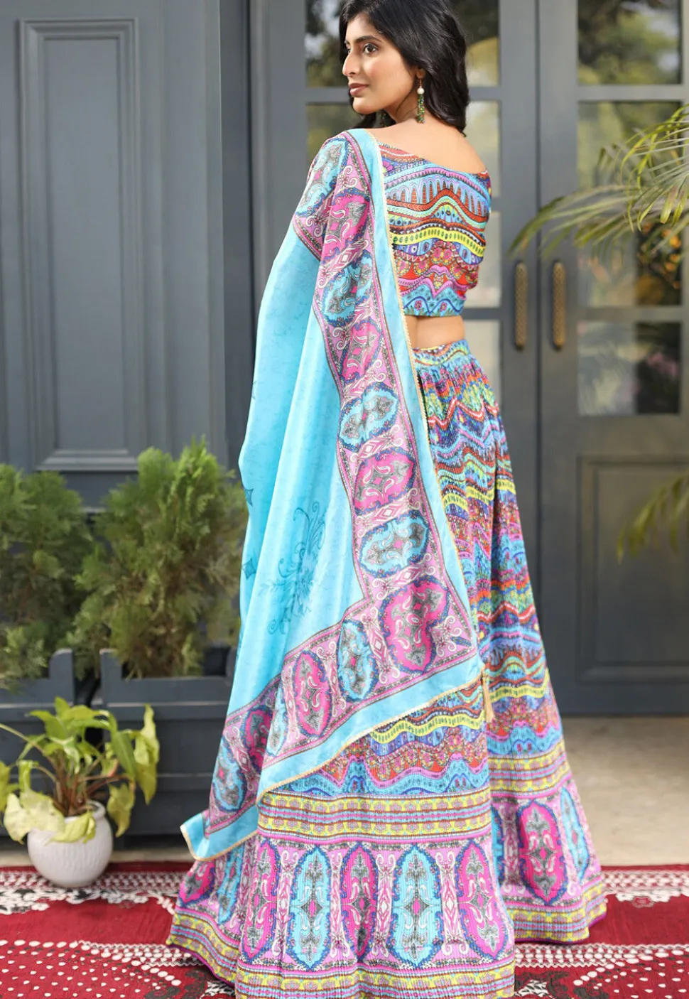 Digital Printed Satin Lehenga in Multicolor
