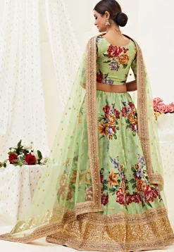 Digital Printed Satin Lehenga in Light Green