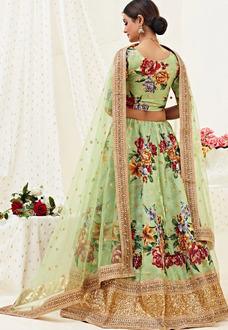 Digital Printed Satin Lehenga in Light Green