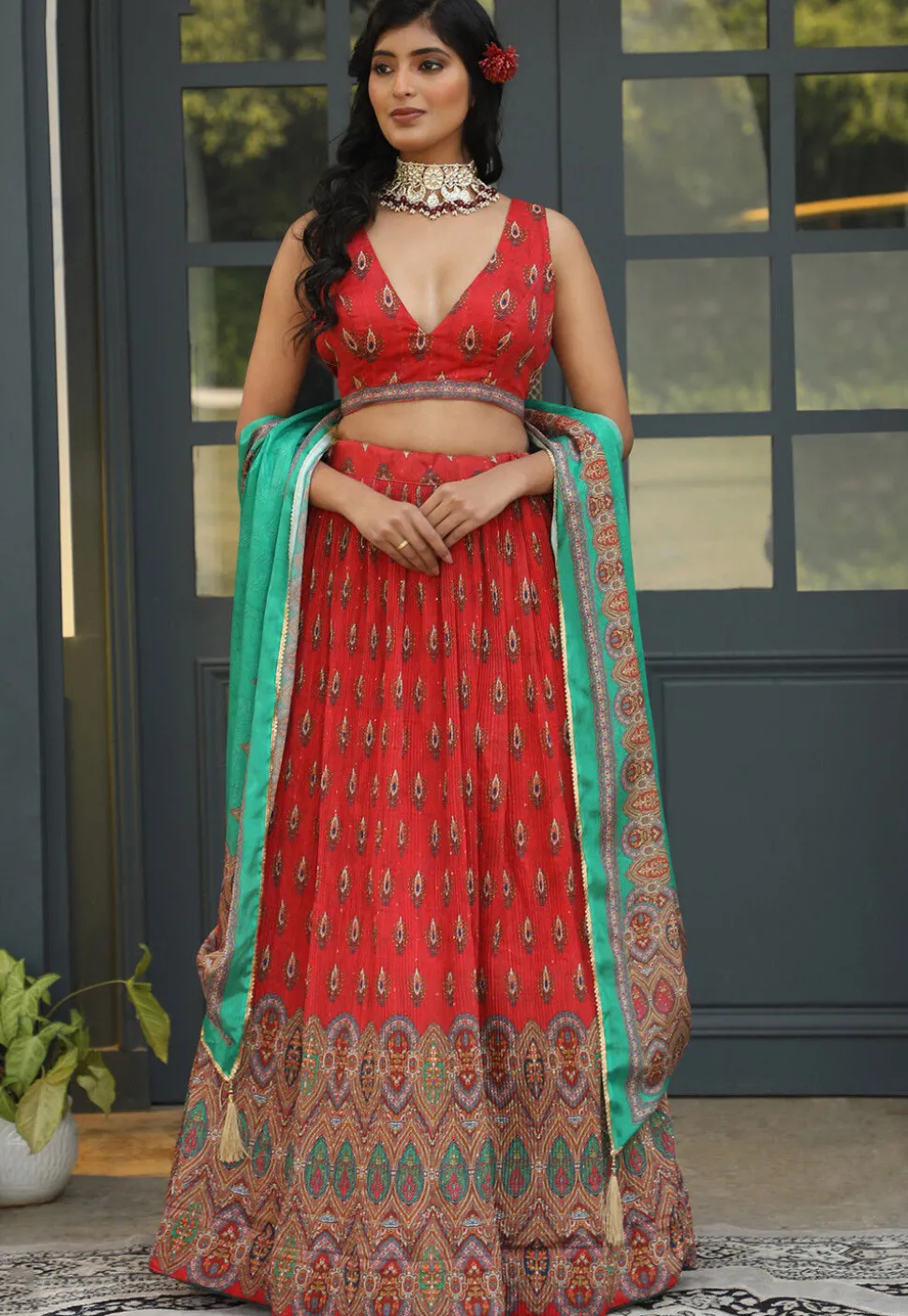 Digital Printed Satin Lehenga in Red