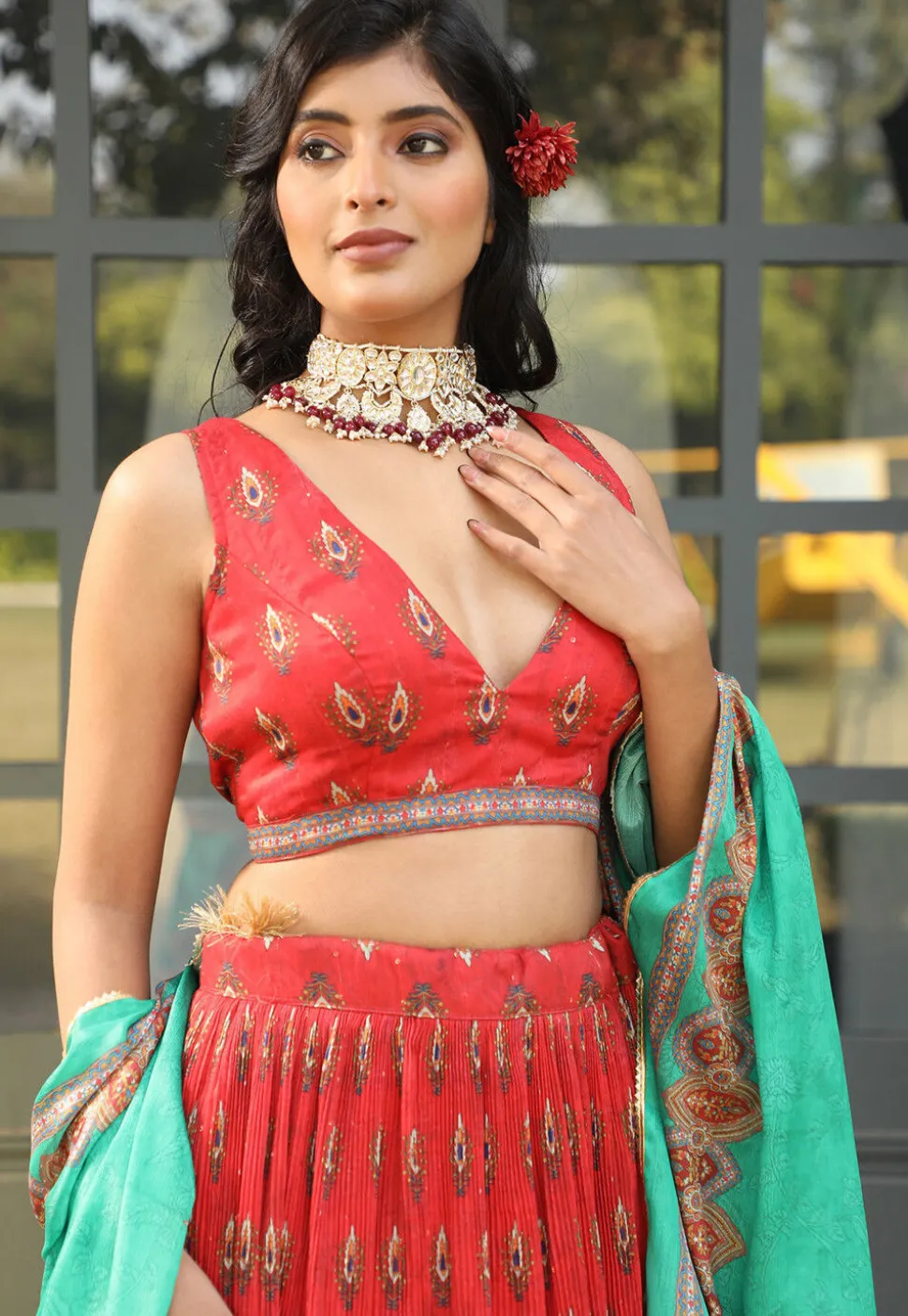 Digital Printed Satin Lehenga in Red