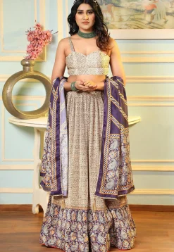 Digital Printed Satin Lehenga in Cream