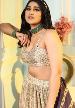 Digital Printed Satin Lehenga in Cream