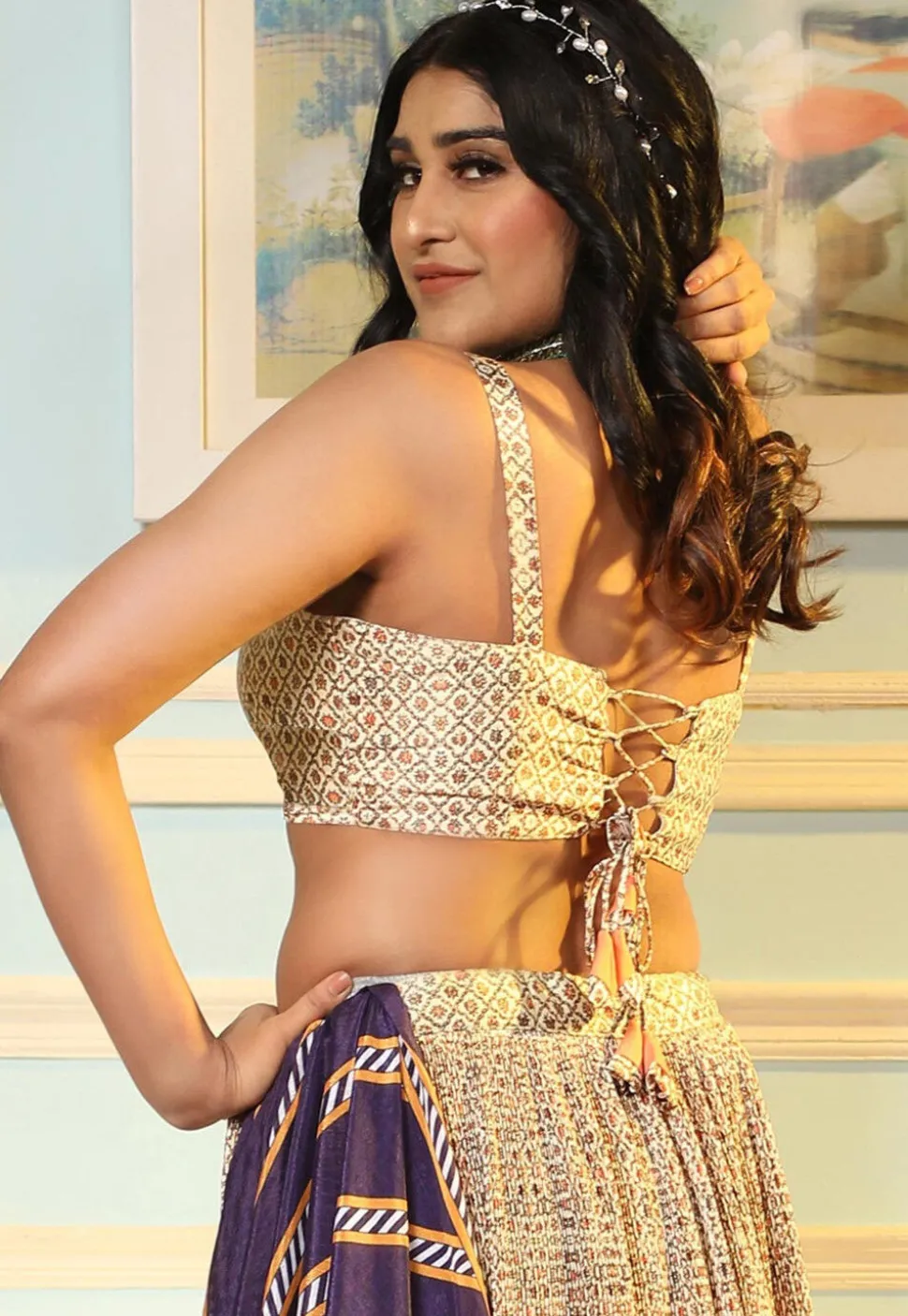 Digital Printed Satin Lehenga in Cream