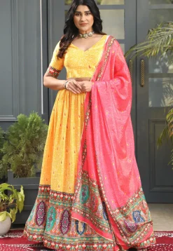 Digital Printed Satin Lehenga in Yellow