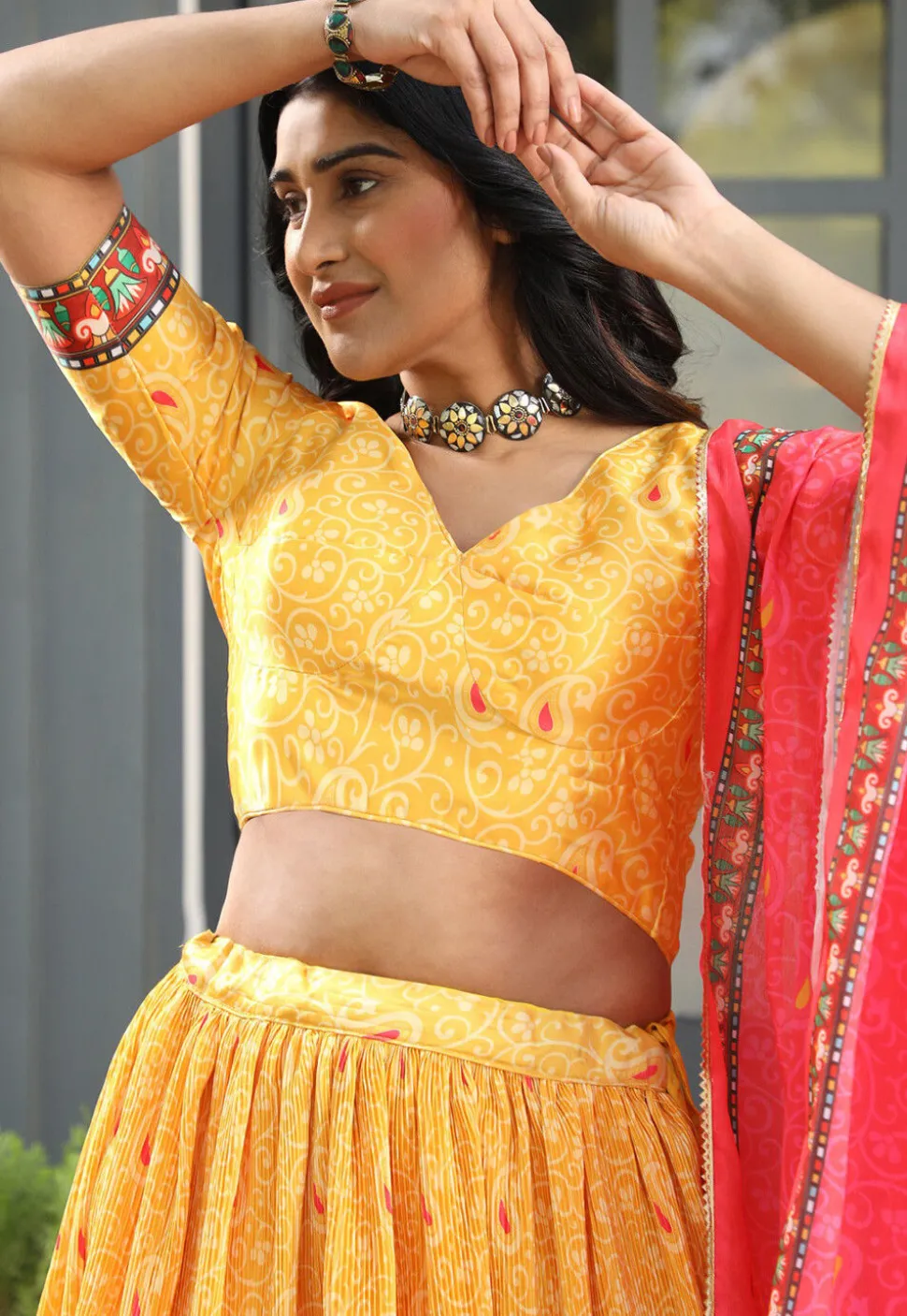 Digital Printed Satin Lehenga in Yellow