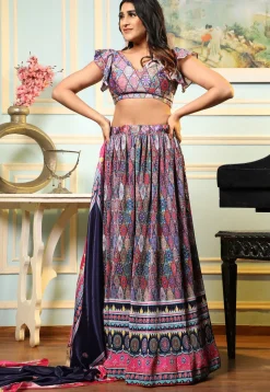 Digital Printed Satin Lehenga in Multicolor