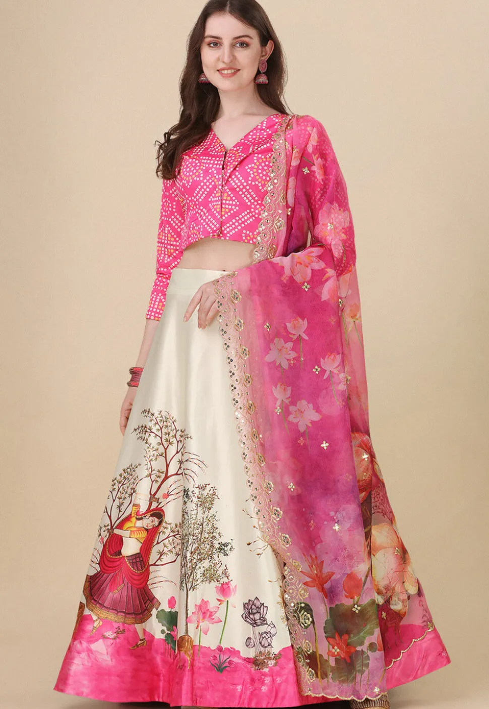 Digital Printed Satin Lehenga in Cream