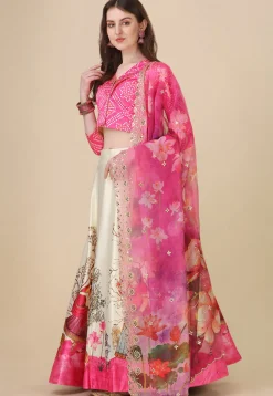 Digital Printed Satin Lehenga in Cream