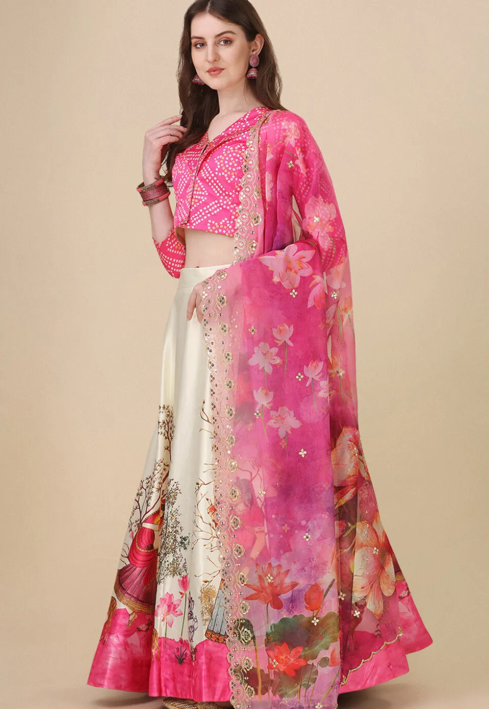 Digital Printed Satin Lehenga in Cream