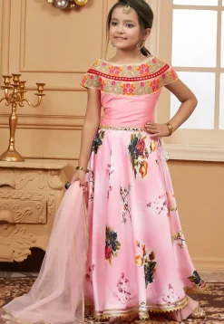 Digital Printed Satin Lehenga in Pink