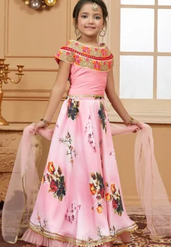 Digital Printed Satin Lehenga in Pink